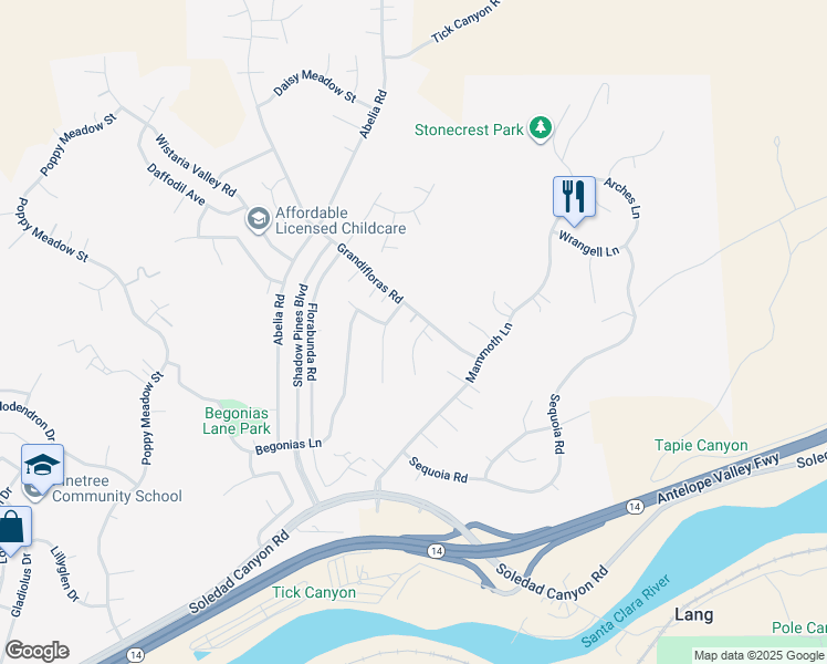 map of restaurants, bars, coffee shops, grocery stores, and more near 29347 Canyon Rim Place in Santa Clarita