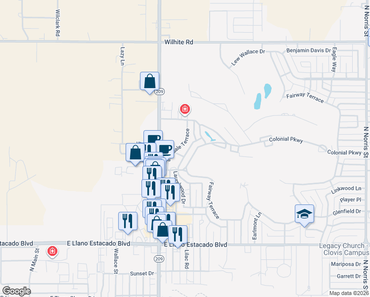 map of restaurants, bars, coffee shops, grocery stores, and more near 1016 Colonial Parkway in Clovis