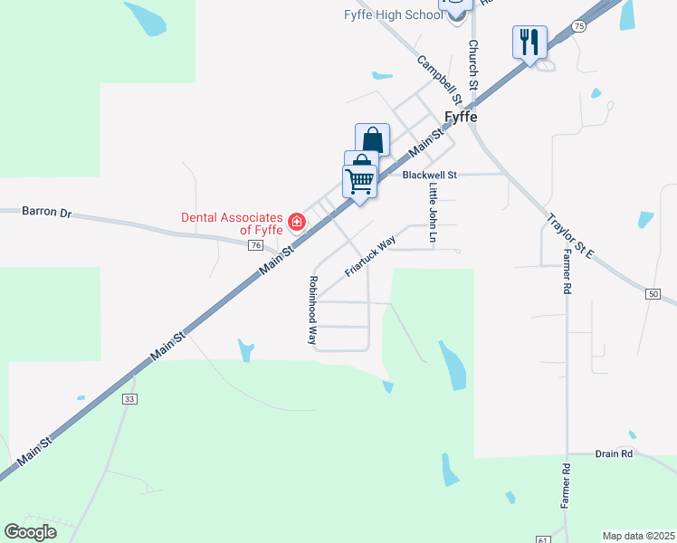 map of restaurants, bars, coffee shops, grocery stores, and more near 77 Nottingham Lane in Fyffe
