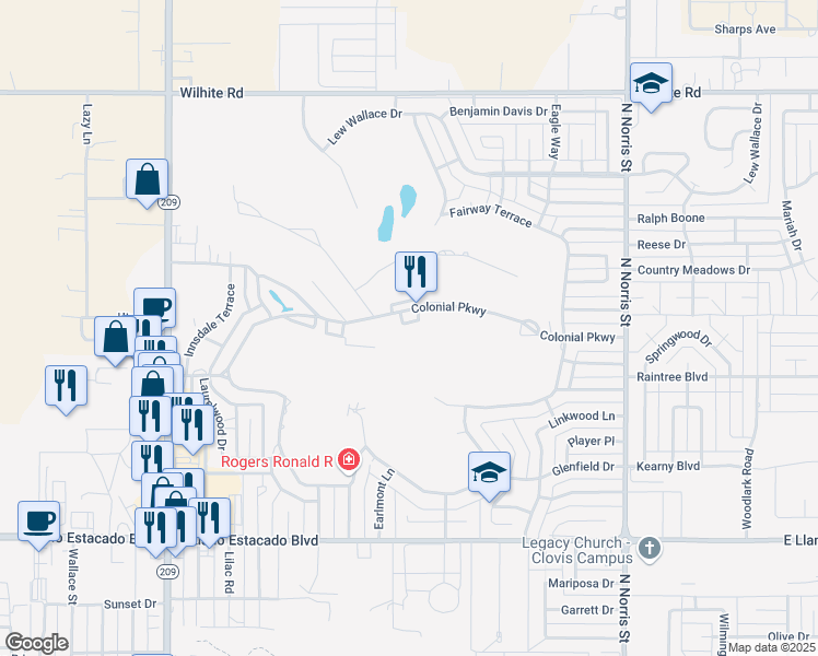 map of restaurants, bars, coffee shops, grocery stores, and more near 1427 Colonial Parkway in Clovis