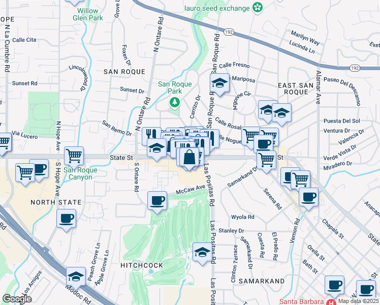 map of restaurants, bars, coffee shops, grocery stores, and more near 3333 State Street in Santa Barbara