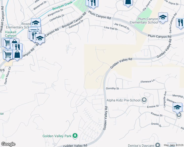map of restaurants, bars, coffee shops, grocery stores, and more near 20556 Suzie Lane in Los Angeles County