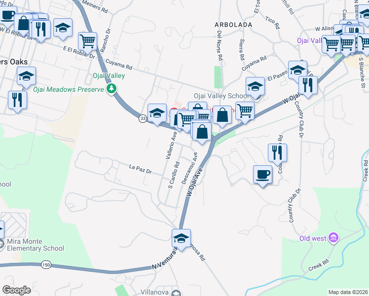 map of restaurants, bars, coffee shops, grocery stores, and more near 202 South Carillo Road in Ojai