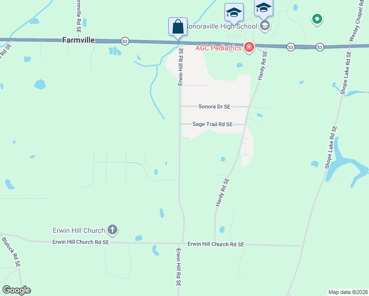 map of restaurants, bars, coffee shops, grocery stores, and more near 342 Erwin Hill Road Southeast in Calhoun