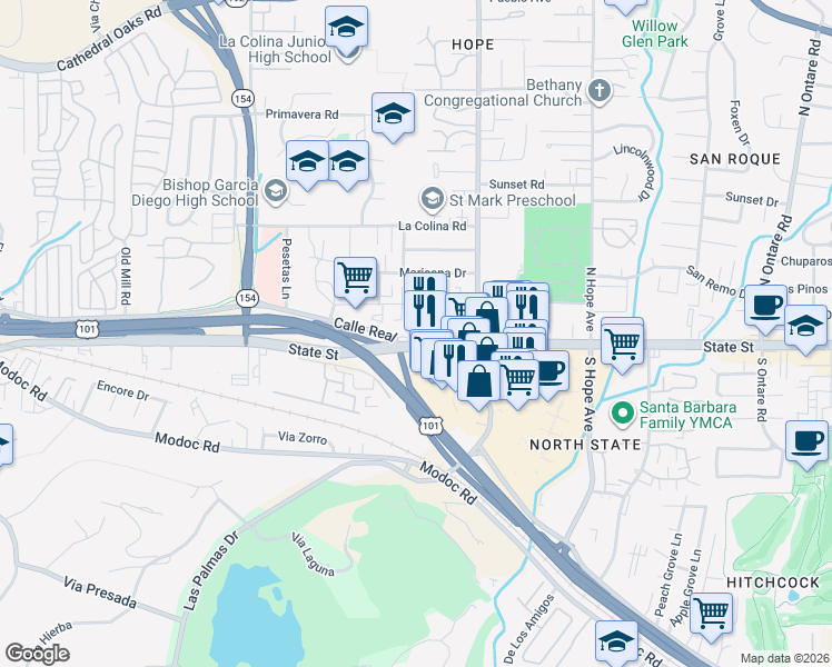map of restaurants, bars, coffee shops, grocery stores, and more near 3963 Via Lucero in Santa Barbara