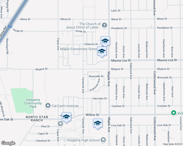 map of restaurants, bars, coffee shops, grocery stores, and more near Fresno Street in Hesperia