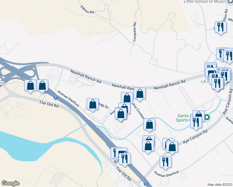 map of restaurants, bars, coffee shops, grocery stores, and more near Bouquet Canyon Trail in Santa Clarita