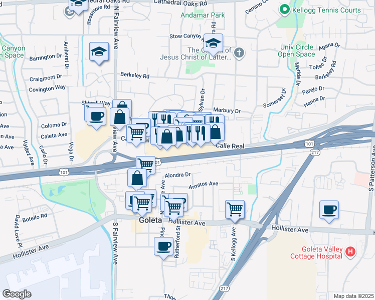 map of restaurants, bars, coffee shops, grocery stores, and more near 5744 Hollister Avenue in Goleta