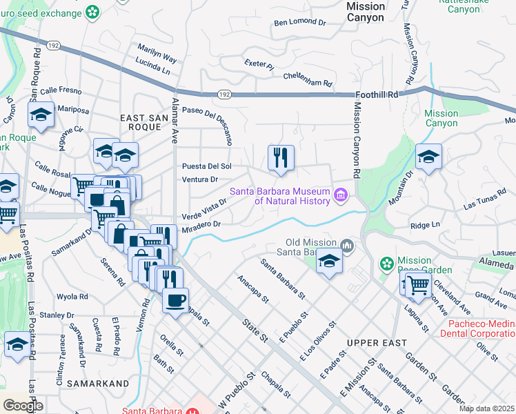 map of restaurants, bars, coffee shops, grocery stores, and more near 100 Miradero Lane in Santa Barbara