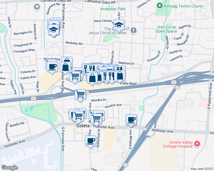 map of restaurants, bars, coffee shops, grocery stores, and more near 5730 Calle Real in Goleta