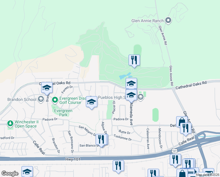 map of restaurants, bars, coffee shops, grocery stores, and more near 291 Placer Drive in Goleta