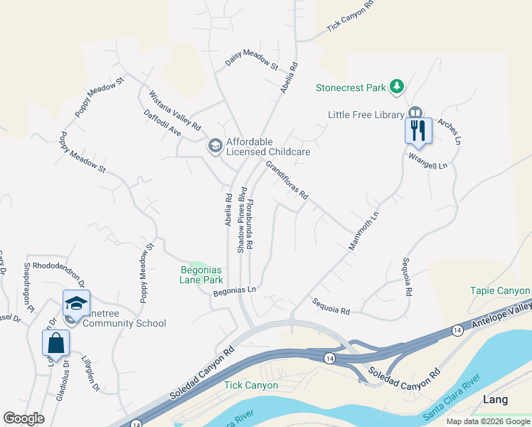 map of restaurants, bars, coffee shops, grocery stores, and more near 29377 Begonias Lane in Santa Clarita