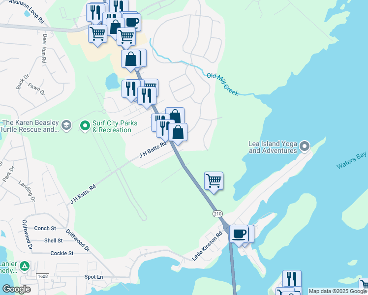 map of restaurants, bars, coffee shops, grocery stores, and more near 14136 North Carolina 50 in Surf City