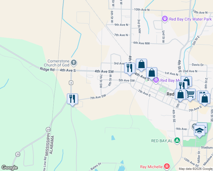 map of restaurants, bars, coffee shops, grocery stores, and more near 101-609 6th St SW in Red Bay