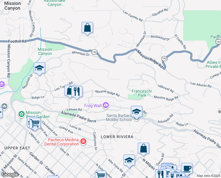 map of restaurants, bars, coffee shops, grocery stores, and more near 1777 Las Tunas Road in Santa Barbara
