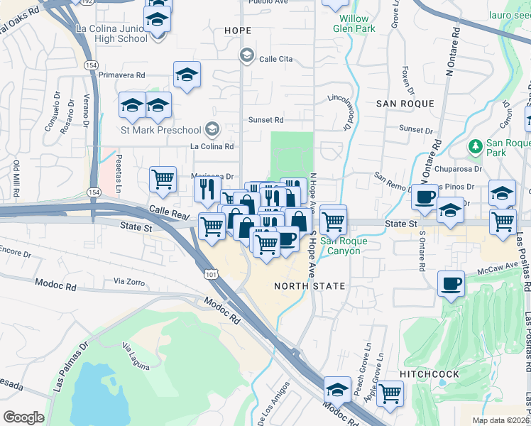 map of restaurants, bars, coffee shops, grocery stores, and more near 3880 State Street in Santa Barbara