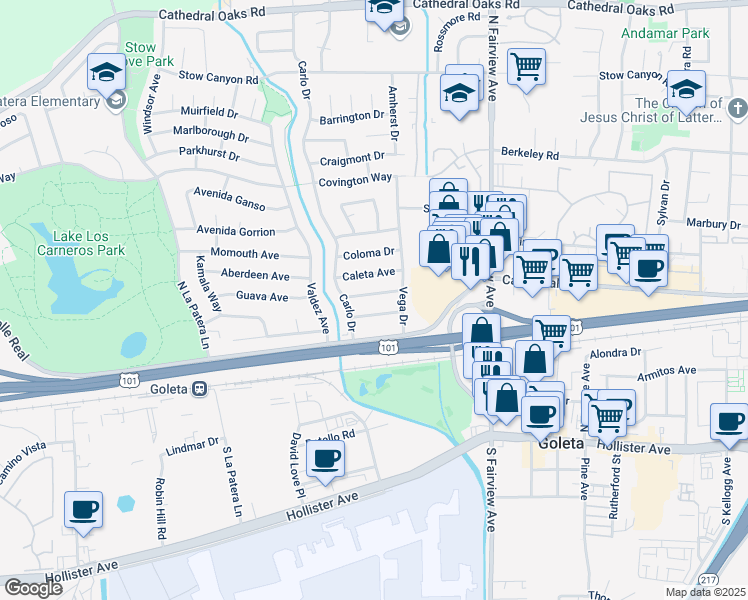 map of restaurants, bars, coffee shops, grocery stores, and more near 6160 Verdura Avenue in Goleta