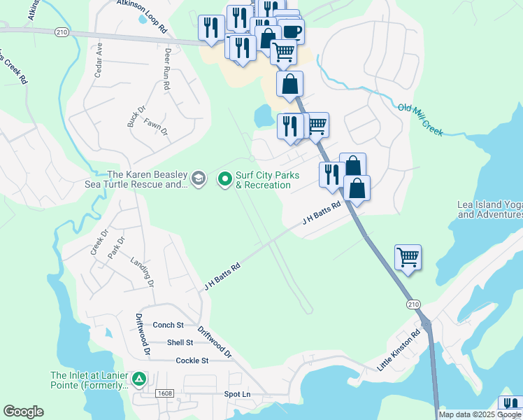 map of restaurants, bars, coffee shops, grocery stores, and more near 119 James Avenue in Surf City