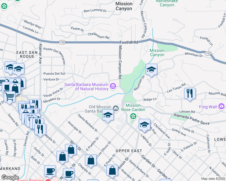 map of restaurants, bars, coffee shops, grocery stores, and more near 2559 Puesta Del Sol in Santa Barbara