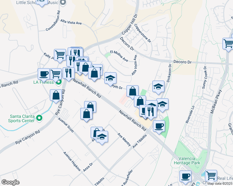 map of restaurants, bars, coffee shops, grocery stores, and more near 27919 Smyth Drive in Santa Clarita