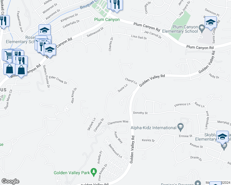 map of restaurants, bars, coffee shops, grocery stores, and more near 20508 Charlie Court in Santa Clarita