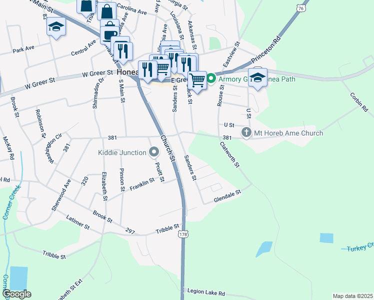 map of restaurants, bars, coffee shops, grocery stores, and more near 211 1/2 Sanders Street in Honea Path