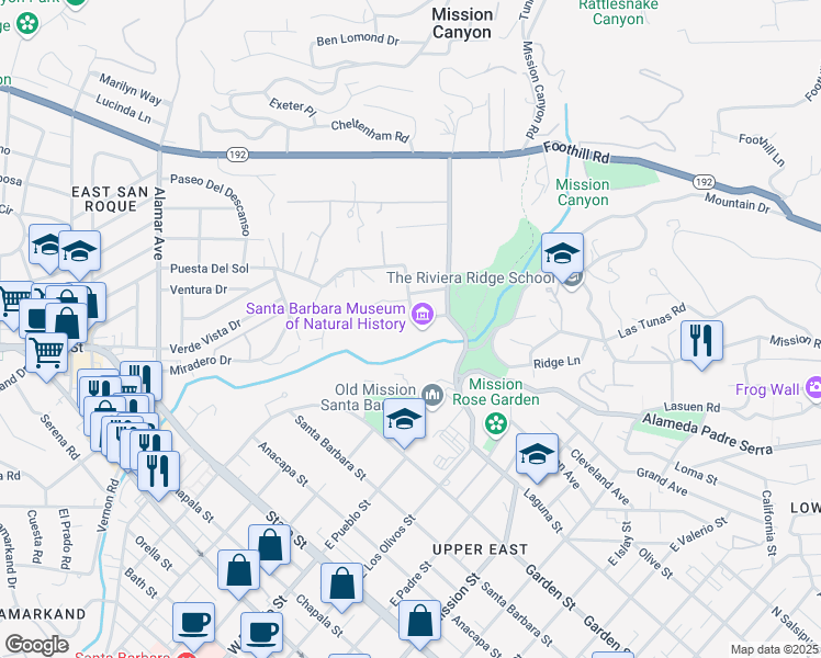 map of restaurants, bars, coffee shops, grocery stores, and more near 2559 Puesta Del Sol in Santa Barbara