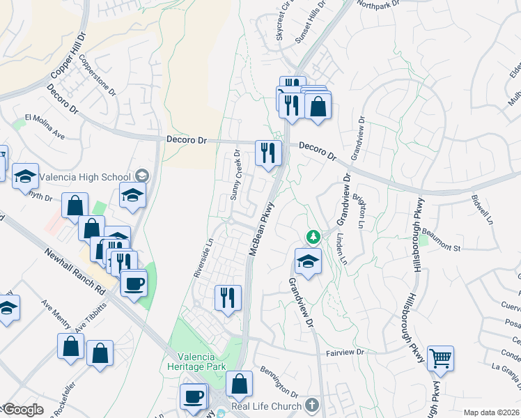 map of restaurants, bars, coffee shops, grocery stores, and more near 27572 North Weeping Willow Drive in Santa Clarita