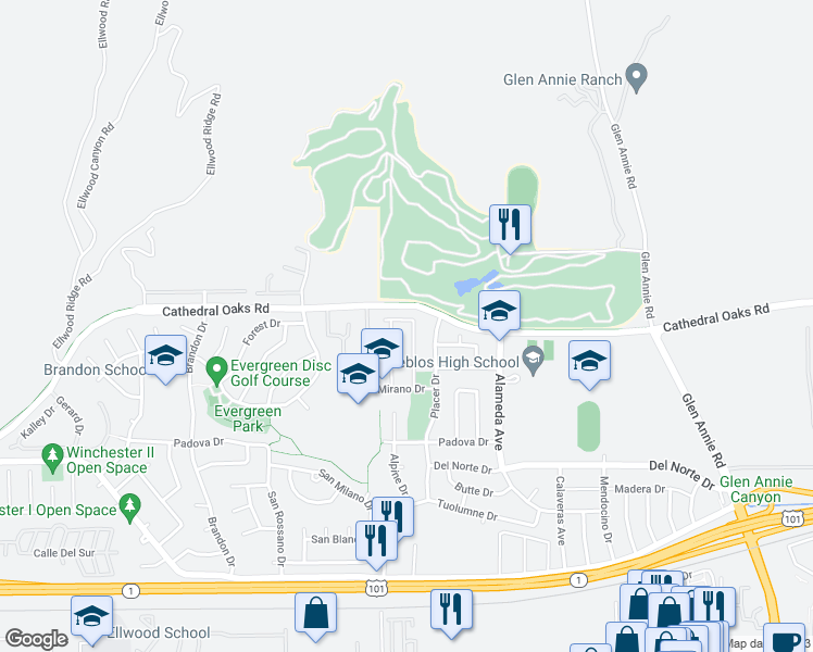 map of restaurants, bars, coffee shops, grocery stores, and more near 293 Savona Avenue in Goleta