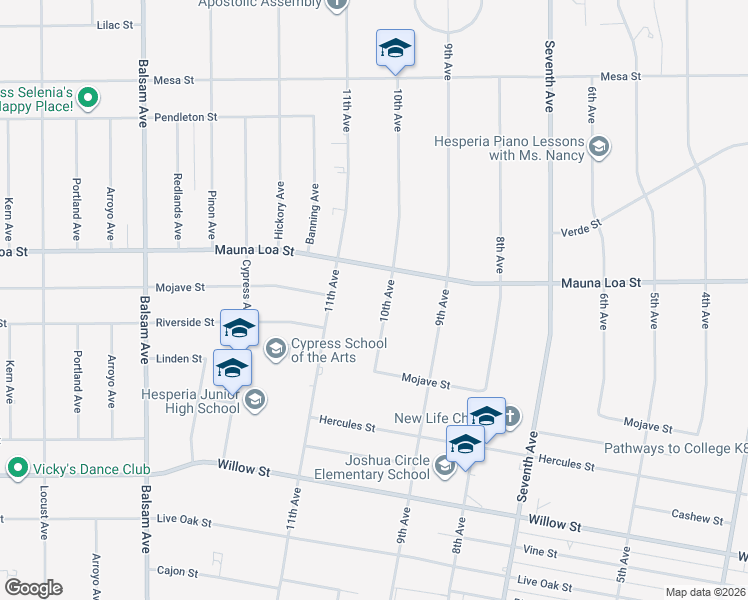 map of restaurants, bars, coffee shops, grocery stores, and more near 10466 10th Avenue in Hesperia