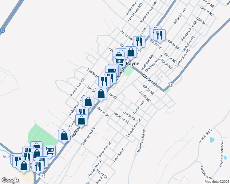 map of restaurants, bars, coffee shops, grocery stores, and more near 115 Gault Avenue North in Fort Payne