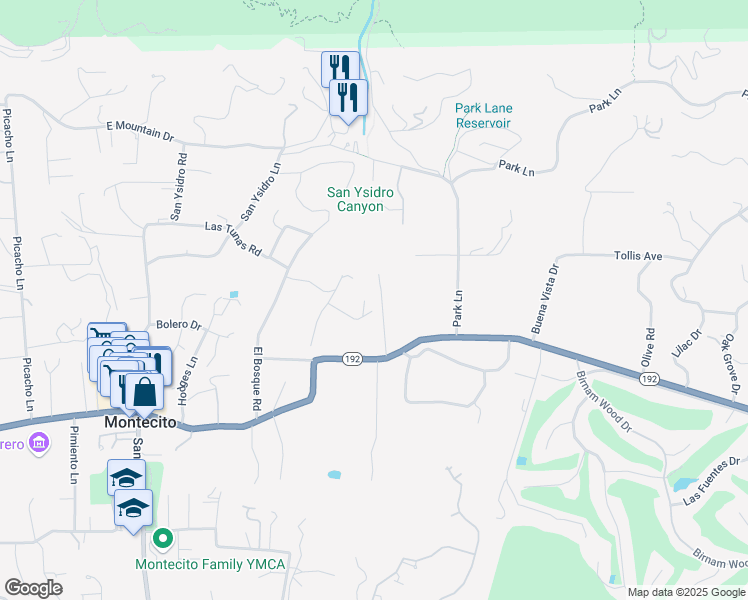 map of restaurants, bars, coffee shops, grocery stores, and more near 1662 East Valley Road in Montecito