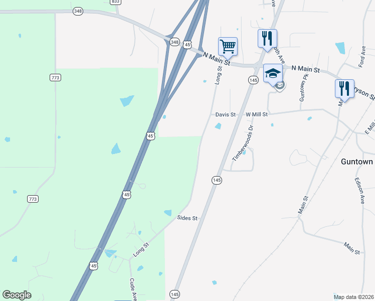 map of restaurants, bars, coffee shops, grocery stores, and more near in Guntown