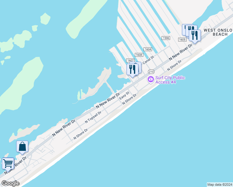 map of restaurants, bars, coffee shops, grocery stores, and more near 1501 North New River Drive in Surf City