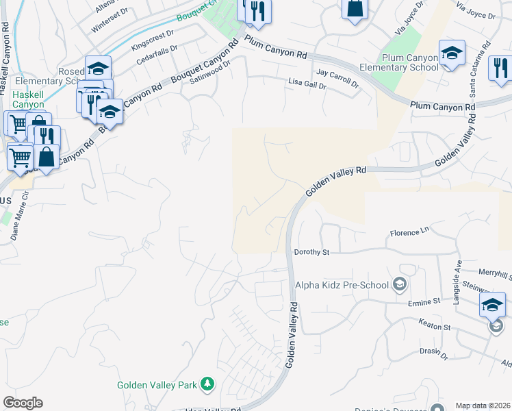 map of restaurants, bars, coffee shops, grocery stores, and more near 20508 Charlie Court in Santa Clarita