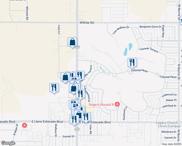 map of restaurants, bars, coffee shops, grocery stores, and more near 315 Innsdale Terrace in Clovis