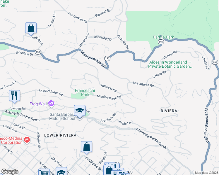 map of restaurants, bars, coffee shops, grocery stores, and more near 920 Mission Ridge Road in Santa Barbara