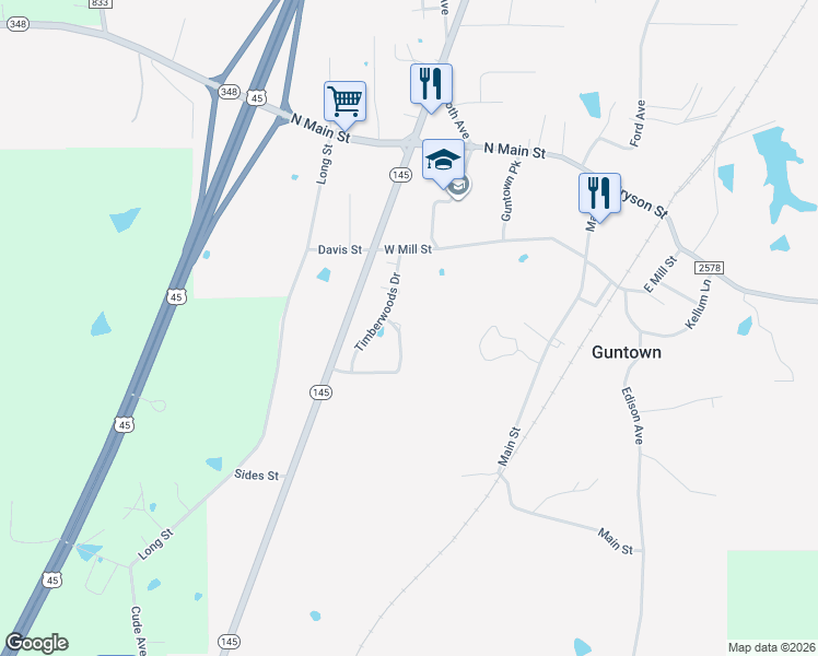map of restaurants, bars, coffee shops, grocery stores, and more near 106 Grove Circle in Guntown