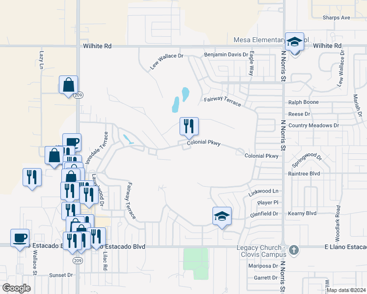 map of restaurants, bars, coffee shops, grocery stores, and more near 1401 Colonial Parkway in Clovis