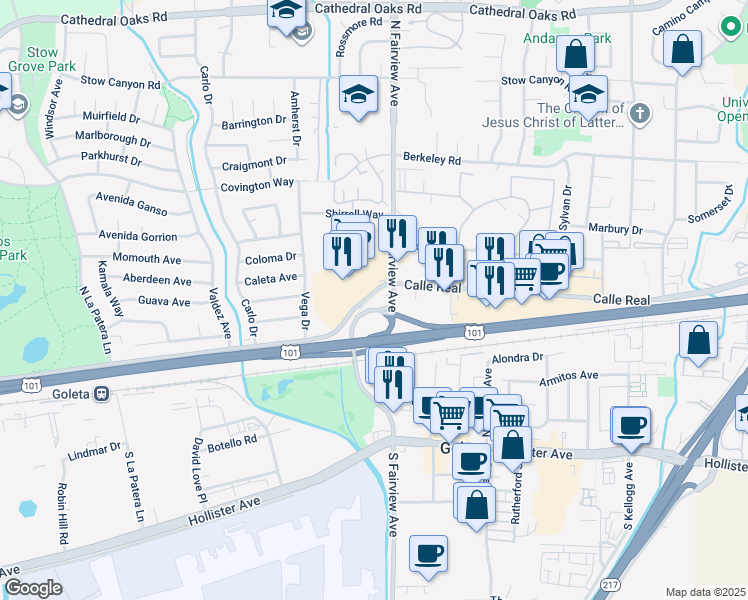 map of restaurants, bars, coffee shops, grocery stores, and more near 6025 Calle Real in Goleta