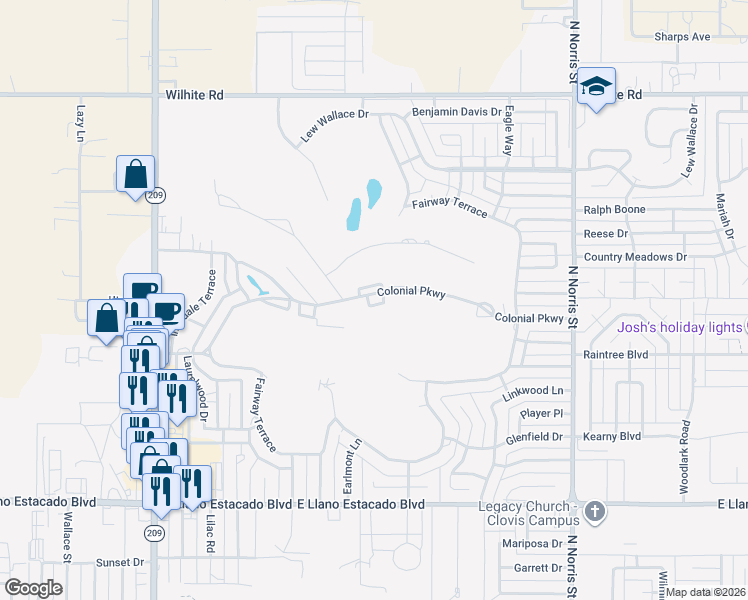 map of restaurants, bars, coffee shops, grocery stores, and more near 1500 Colonial Parkway in Clovis