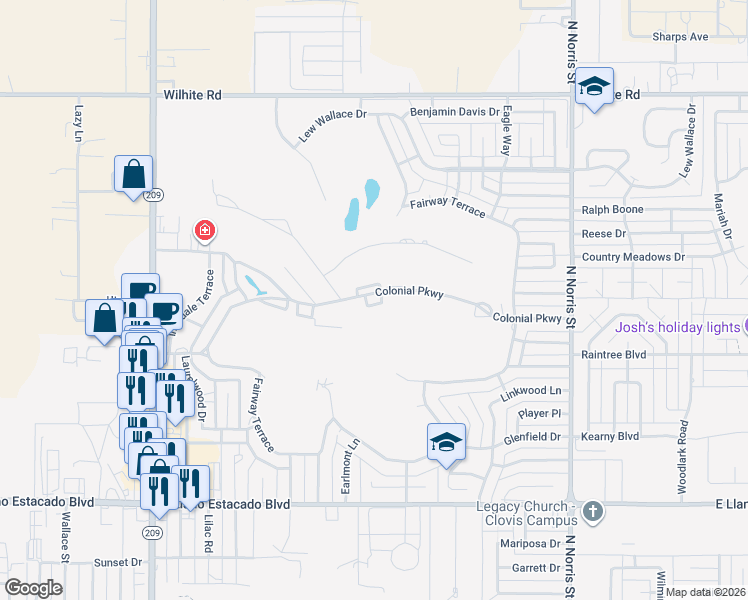 map of restaurants, bars, coffee shops, grocery stores, and more near 1407 Colonial Parkway in Clovis