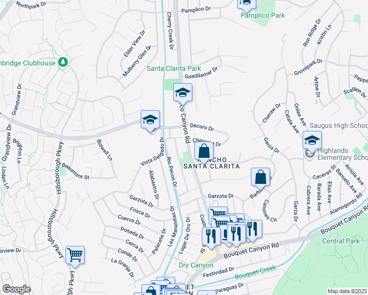 map of restaurants, bars, coffee shops, grocery stores, and more near 27127 Rio Bosque Drive in Santa Clarita