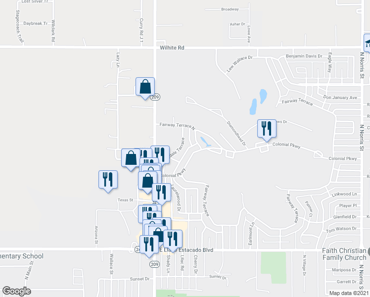 map of restaurants, bars, coffee shops, grocery stores, and more near 315 Innsdale Terrace in Clovis