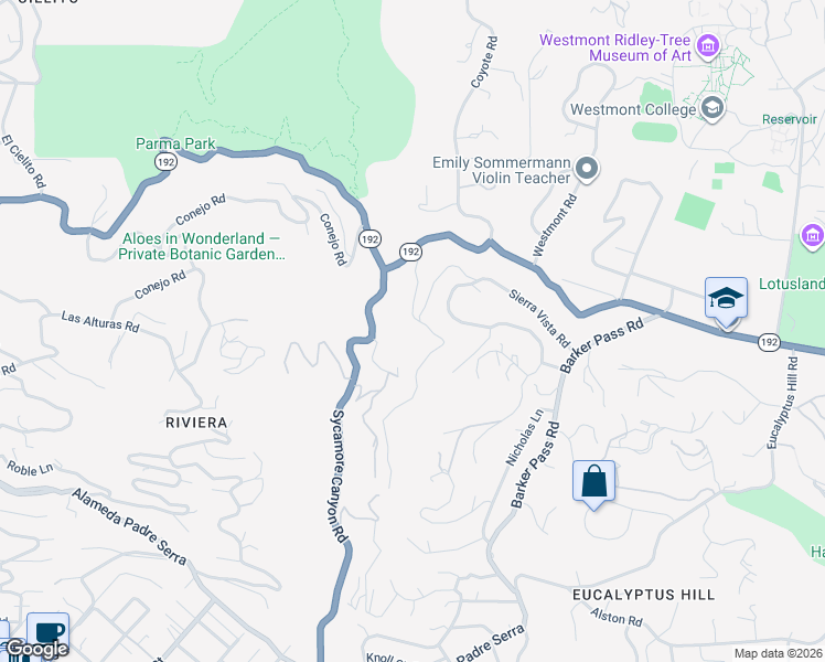 map of restaurants, bars, coffee shops, grocery stores, and more near 557 Sycamore Vista Road in Montecito