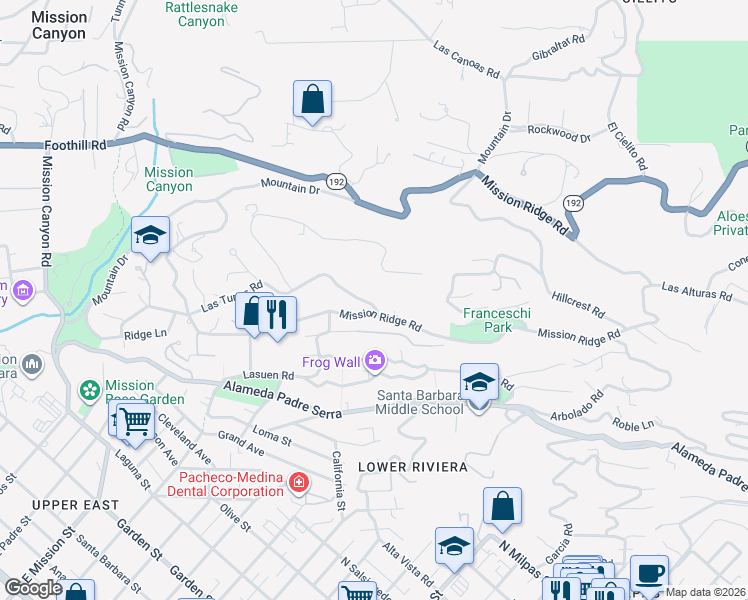 map of restaurants, bars, coffee shops, grocery stores, and more near 1832 East Las Tunas Road in Santa Barbara