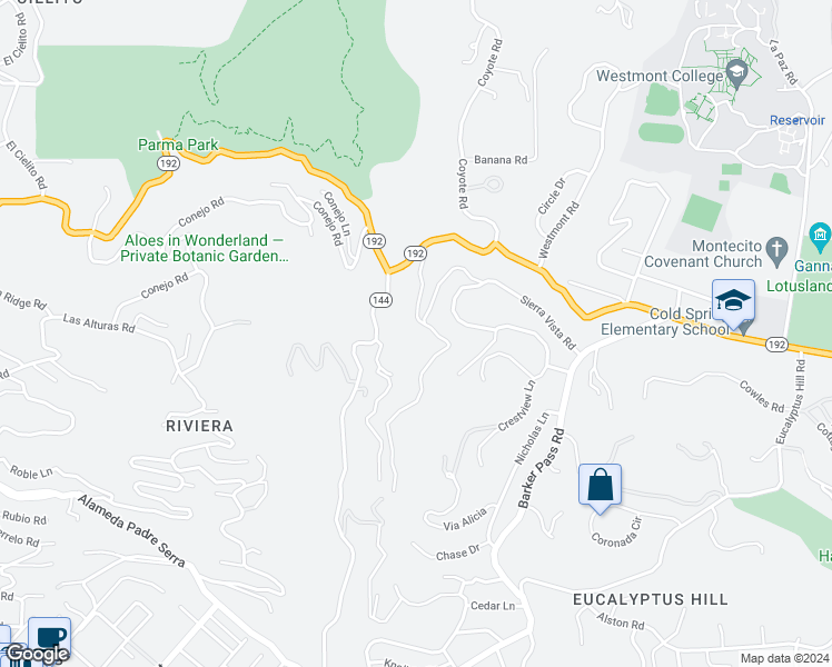 map of restaurants, bars, coffee shops, grocery stores, and more near 557 Sycamore Vista Road in Montecito