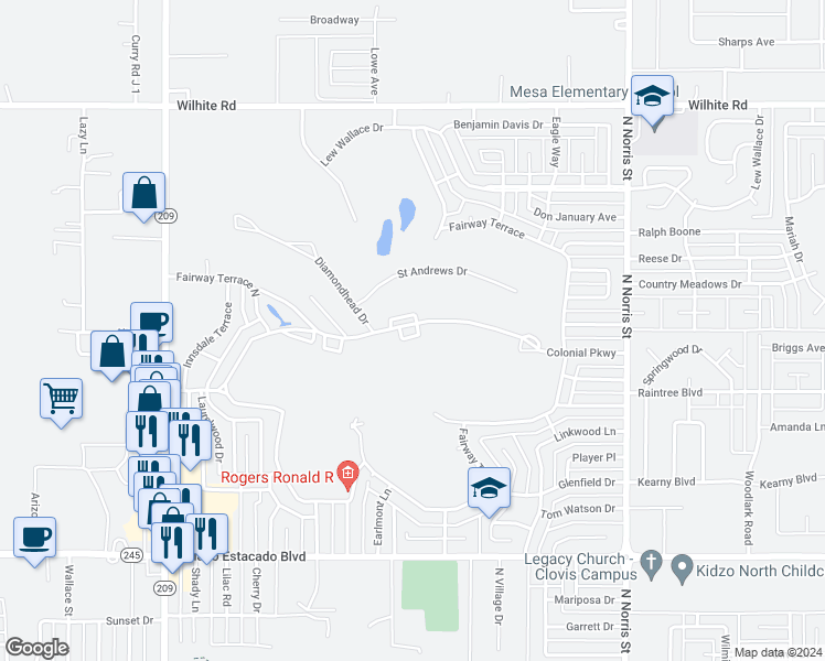 map of restaurants, bars, coffee shops, grocery stores, and more near 1411 Colonial Parkway in Clovis