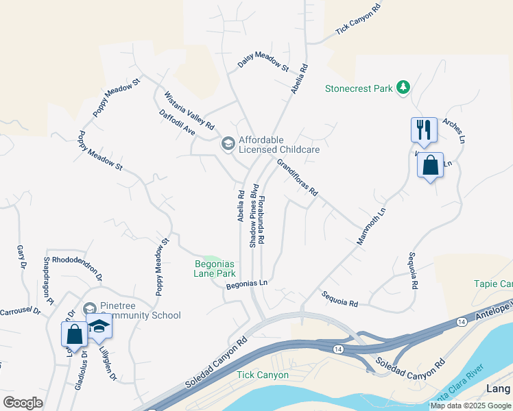 map of restaurants, bars, coffee shops, grocery stores, and more near 29409 Florabunda Road in Santa Clarita