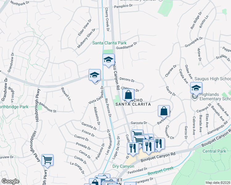 map of restaurants, bars, coffee shops, grocery stores, and more near 27127 Rio Bosque Drive in Santa Clarita